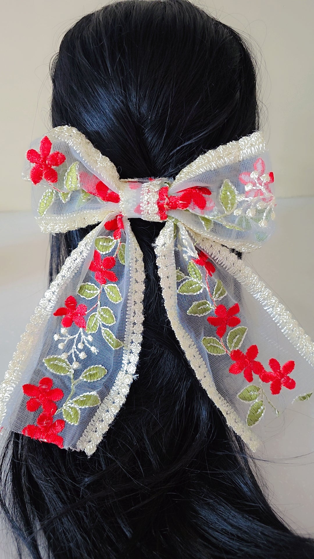 Scarlet Bloom Embroidered Hair Bow