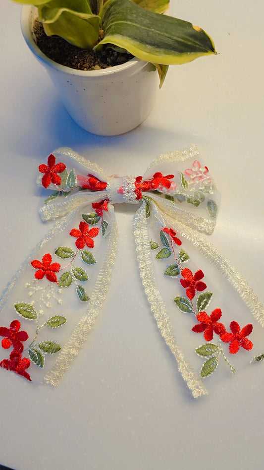 Scarlet Bloom Embroidered Hair Bow